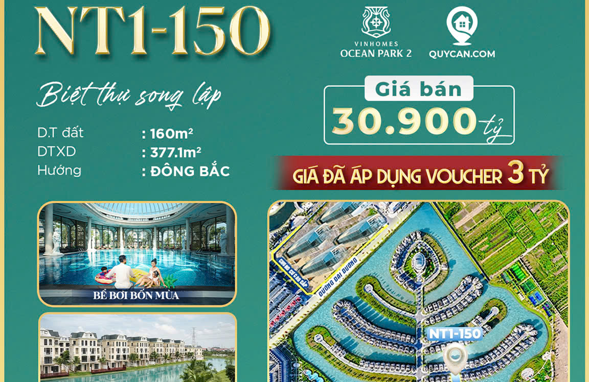 [VINHOMES OCEAN PARK 2] NT1-150 – SIÊU PHẨM SONG LẬP MẶT SÔNG NGỌC TRAI, QUÀ TẶNG VOUCHER 3 TỶ ĐỒNG